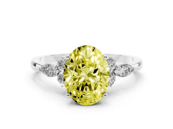 Fancy Yellow Oval Cut Brilliant Diamond Solitaire Ring with Pear Side Stones and Four-Prong Setting Platinum