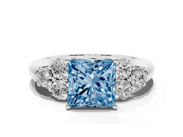 Fancy Blue Princess Cut Cut Diamond Cluster Ring with Round Accent Stones and Prong Setting on a Classic Band White gold