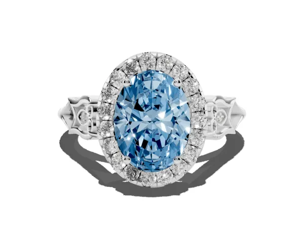 Fancy Blue Oval Cut Halo Diamond Engagement Ring with Filigree Band and Four-Prong Setting Platinum
