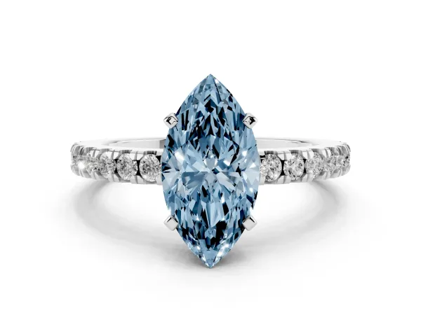 Fancy Blue Marquise Cut Solitaire Diamond with Pavé Band and Four-Prong Setting White gold