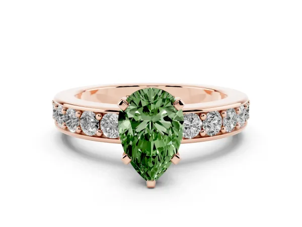 Fancy Green Pear Cut Diamond Engagement Ring with Channel Set Round Band and Prong Setting Rose gold