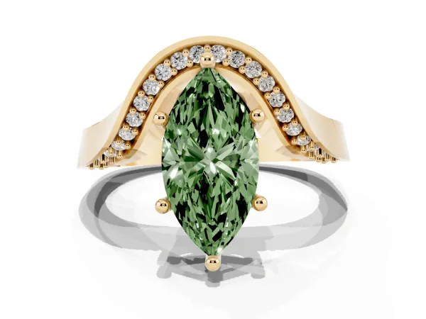 Fancy Green Marquise Cut Solitaire Diamond Engagement Ring with Pave Band and Four-Prong Setting Yellow gold