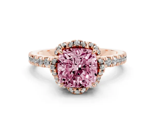Fancy Pink Cushion Cut Diamond Halo Pave Band with Four-Prong Setting Rose gold