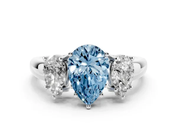 Fancy Blue Three-Stone Pear Cut Diamond Engagement Ring with Prong Setting White gold