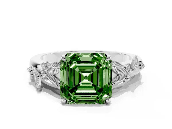 Fancy Green Asscher Cut Diamond Solitaire Ring with Leaf Motif Band and Four-Prong Setting Platinum