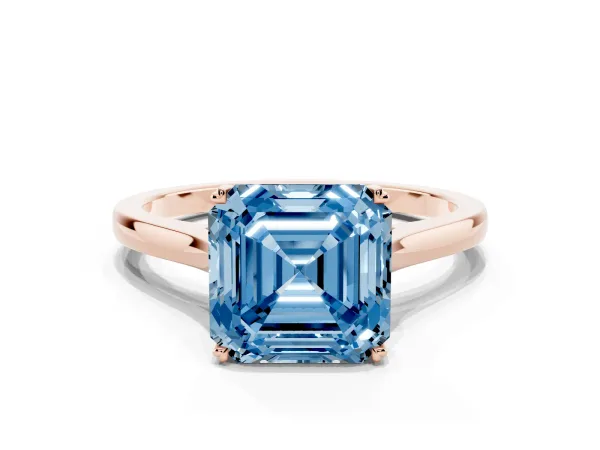 Fancy Blue Asscher Cut Solitaire Heart Prong Engagement Ring with Tapered Band Rose gold