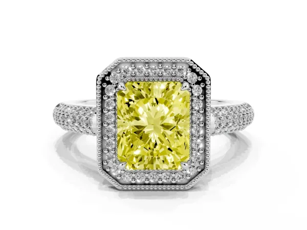 Fancy Yellow Radiant Cut Cut Halo Diamond Pave Band with Four-Prong Setting White gold