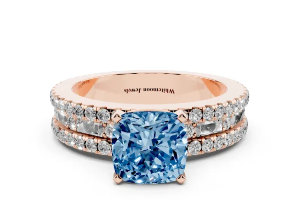 Fancy Blue Cushion Cut Diamond Solitaire Ring with Pavé and Channel Set Band Rose gold