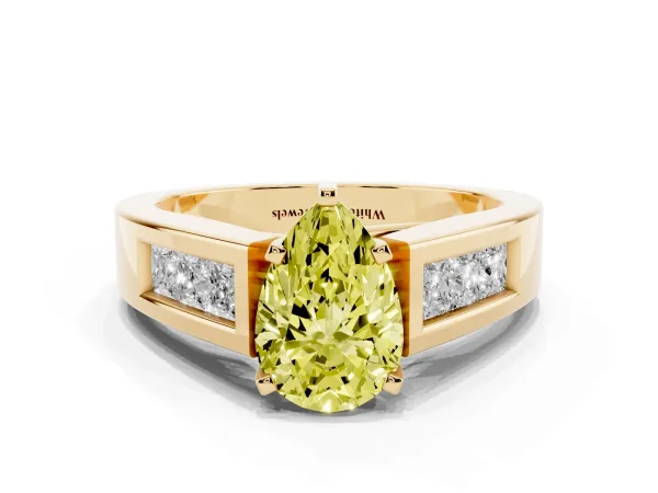 Fancy Yellow Pear Cut Cut Channel Set Solitaire Ring with Four-Prong Setting Yellow gold