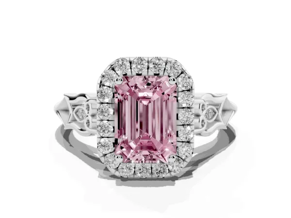 Fancy Pink Emerald Cut Halo Diamond Engagement Ring with Filigree Band and Four-Prong Setting White gold