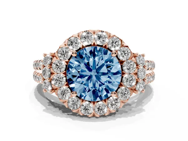 Fancy Blue Round Cut Cut Double Halo Diamond Engagement Ring with Pave Band and Four-Prong Setting Rose gold