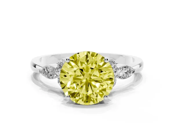 Fancy Yellow Round Cut Brilliant Diamond Solitaire Ring with Pear Side Stones and Four-Prong Setting White gold
