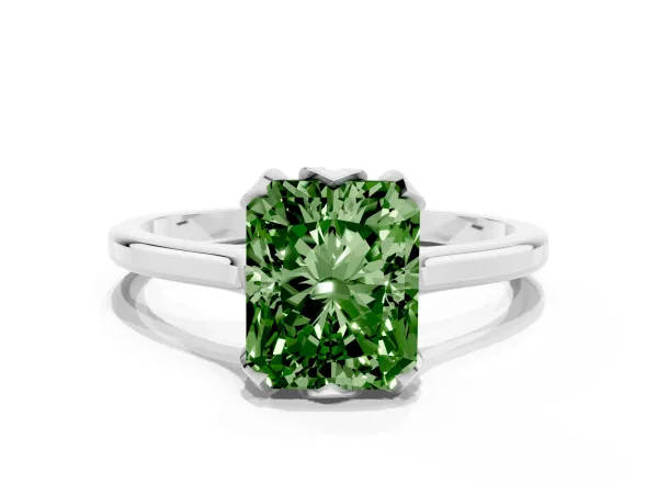 Fancy Green Radiant Cut Diamond Solitaire Ring with Flower Prong Setting and Classic Band White gold