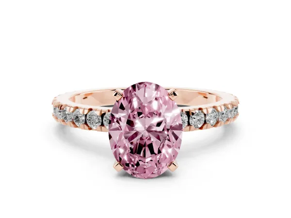 Fancy Pink Oval Cut Diamond Pavé Band Solitaire with Four-Prong Setting Rose gold
