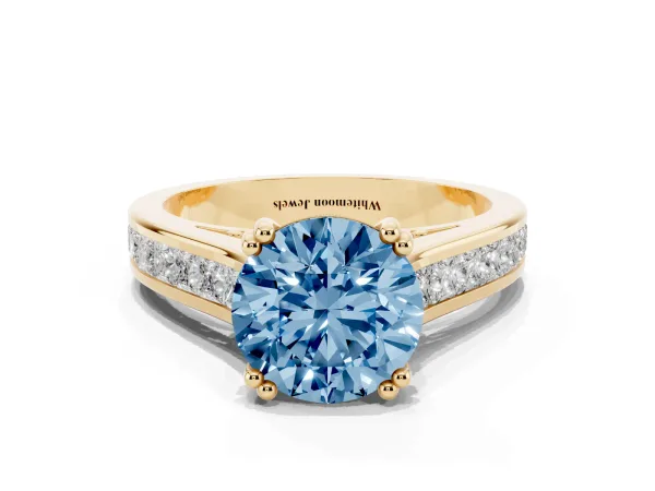 Fancy Blue Round Cut Cut Channel Set Solitaire Engagement Ring with Prong Setting Yellow gold