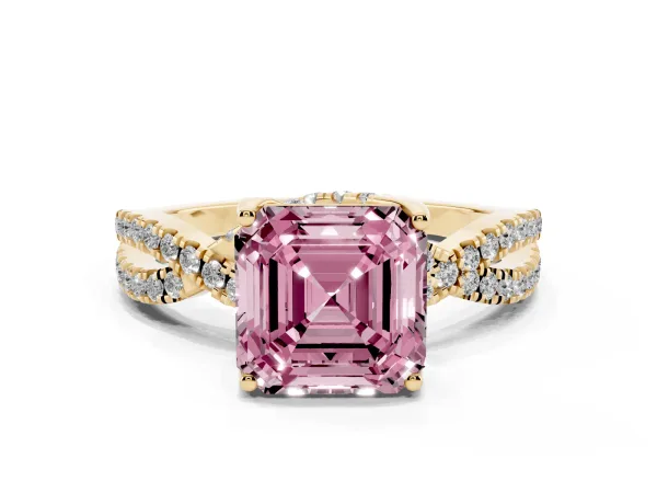 Fancy Pink Asscher Cut Solitaire Twist Pave Diamond Engagement Ring with Prong Setting Yellow gold
