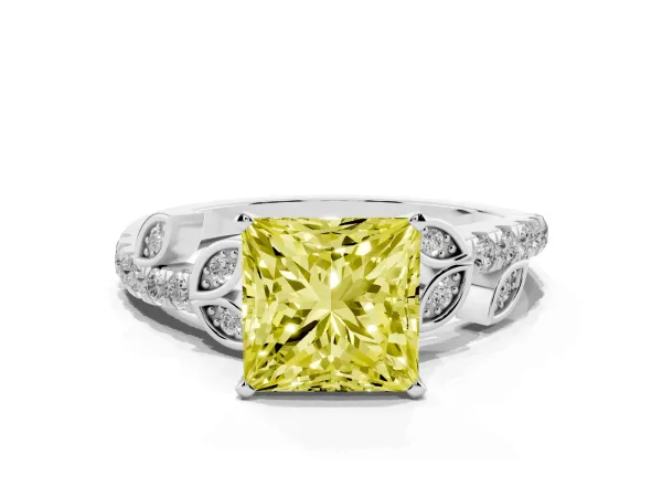 Fancy Yellow Princess Cut Solitaire Leaf-Inspired Diamond Ring with Pavé Band and Four-Prong Setting White gold