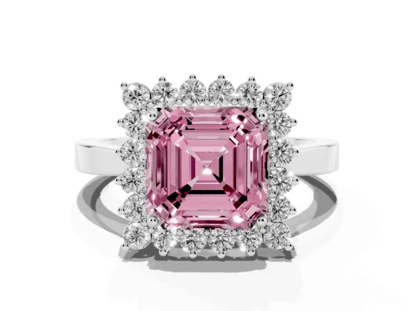 Fancy Pink Asscher Cut Cut Diamond Halo Ring with Round Brilliant Halo and Solitaire Band Platinum