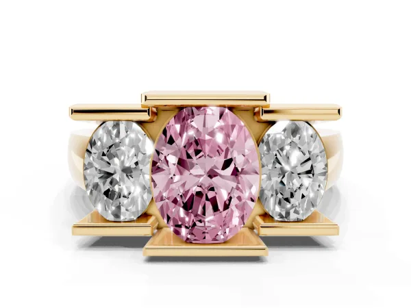 Fancy Pink Three Stone Oval Cut Cut Channel Set Diamond Ring Yellow gold
