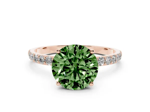 Fancy Green Round Cut Diamond Solitaire Engagement Ring with Round Pavé Band and Prong Setting Rose gold