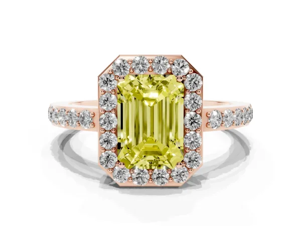 Fancy Yellow Emerald Cut Halo Diamond Pavé Band Ring with Prong Setting Rose gold