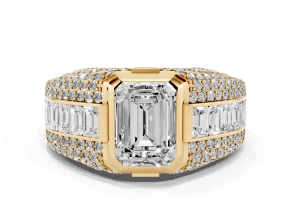 Emerald Cut Diamond Mens Ring with Side Stones Yellow gold