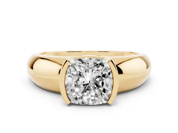 Cushion Cut Solitaire Tension Set Diamond Ring with Wide Band Yellow gold