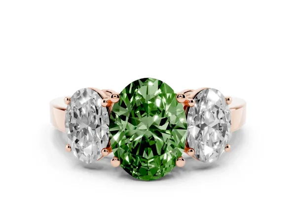 Fancy Green Three-Stone Oval Cut Cut Diamond Engagement Ring with Flat Band and Four-Prong Setting Rose gold