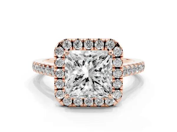 Princess Cut Halo Pave Diamond Engagement Ring with Four-Prong Setting Rose gold