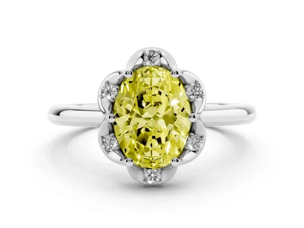 Fancy Yellow Oval Cut Halo Diamond Ring with Round Cluster Setting, Solitaire Band, and Four-Prong Setting Platinum