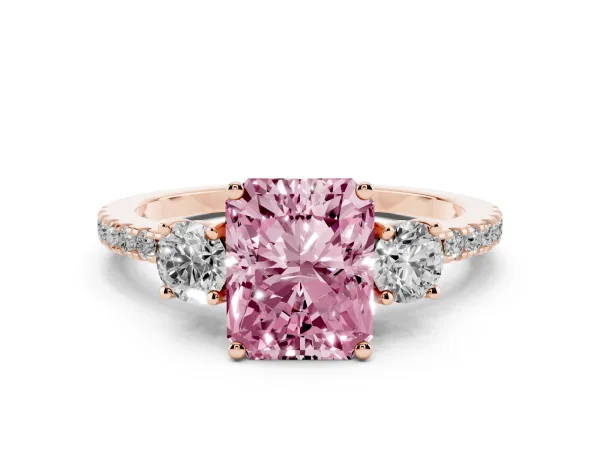 Fancy Pink Three-Stone Radiant Cut Cut Diamond Pavé Band with Prong Setting Rose gold