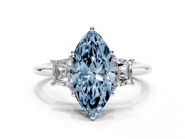 Fancy Blue Marquise Cut Diamond Three-Stone Ring with Trapezoid Side Stones and Prong Setting Platinum