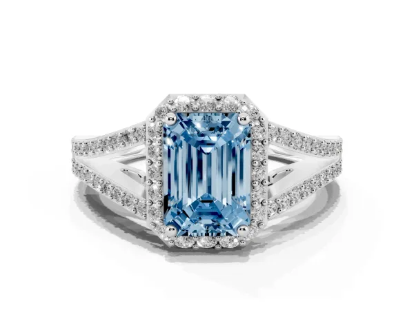 Fancy Blue Emerald Cut Halo Split Shank Diamond Ring with Prong Setting Platinum