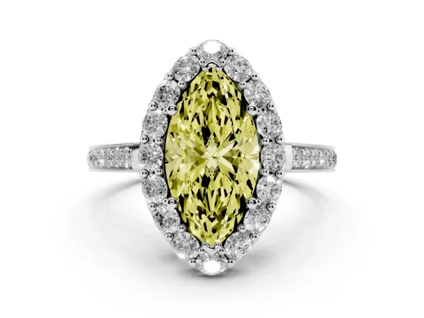 Fancy Yellow Marquise Cut Diamond Floral Halo Ring with Pavé Band and Prong Setting Platinum