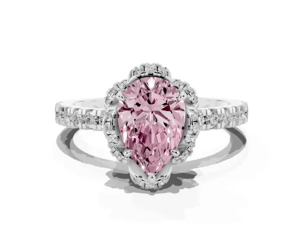 Fancy Pink Pear Cut Diamond Halo Pave Band with Four-Prong Setting White gold