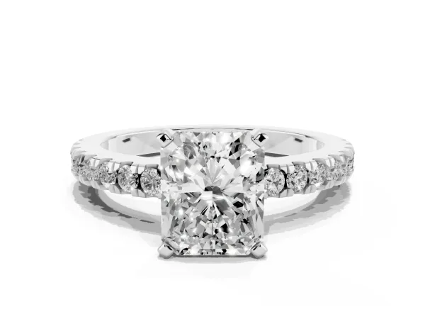Radiant Cut Solitaire Diamond with Pavé Band and Four-Prong Setting White gold