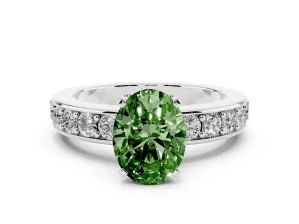 Fancy Green Oval Cut Diamond Engagement Ring with Channel Set Round Band and Prong Setting White gold