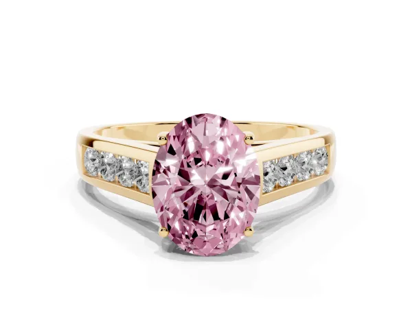 Fancy Pink Oval Cut Solitaire Channel-Set Diamond Engagement Ring with Four-Prong Setting Yellow gold