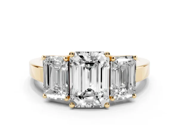 Three-Stone Emerald Cut Cut Diamond Engagement Ring with Flat Band and Four-Prong Setting Yellow gold