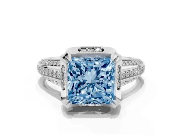 Fancy Blue Princess Cut Solitaire Pave Split Shank Ring with Four-Prong Setting Platinum