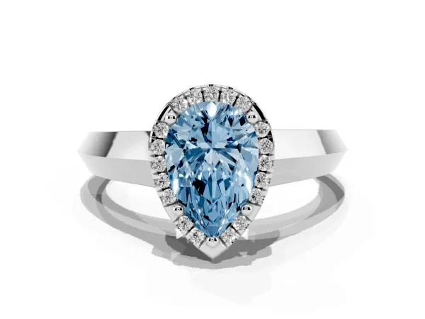 Fancy Blue Pear Cut Halo Diamond Ring with Cathedral Band and Four-Prong Setting White gold