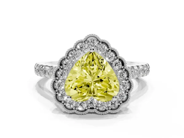 Fancy Yellow Heart Cut Cut Diamond Milgrain Floral Halo Engagement Ring with Pavé Band Platinum