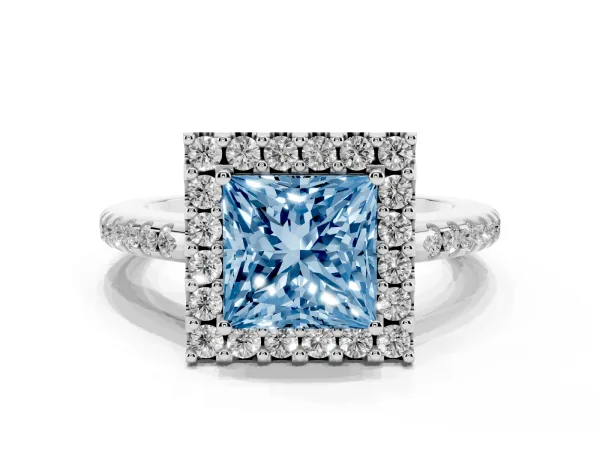 Fancy Blue Princess Cut Diamond Pavé Halo Ring with Four-Prong Setting Platinum
