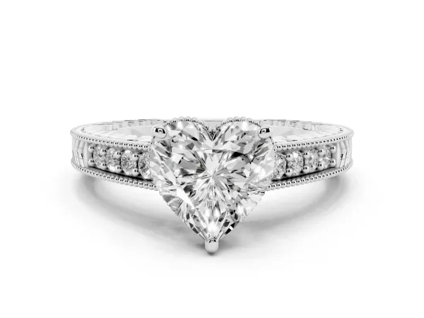 Heart Cut Solitaire Pavé Diamond Milgrain Engagement Ring with Four-Prong Setting White gold