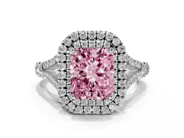 Fancy Pink Radiant Cut Diamond Double Halo Ring with Split Shank and Prong Setting White gold