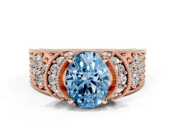 Fancy Blue Oval Cut Halo Pave Diamond Engagement Ring with Milgrain Detailing Rose gold