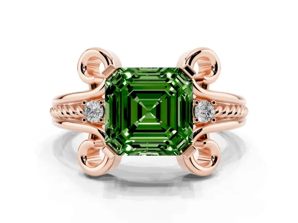 Fancy Green Asscher Cut Solitaire Twisted Band Scroll Prong Ring Rose gold