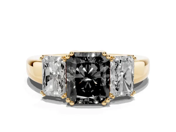 Fancy Black Three-Stone Radiant Cut Cut Diamond Ring with Channel Set Band and Four-Prong Setting Yellow gold