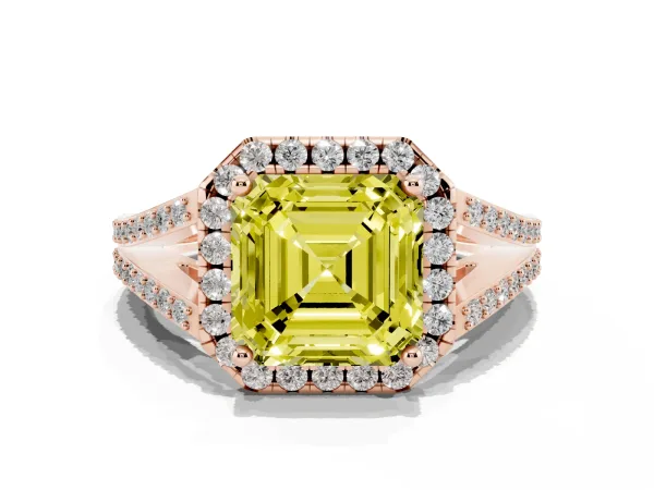 Fancy Yellow Asscher Cut Halo Split Shank Diamond Ring with Prong Setting Rose gold