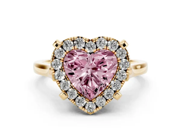 Fancy Pink Heart Cut Diamond Cluster Halo Solitaire with Four-Prong Setting Yellow gold